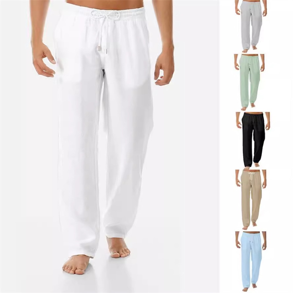 Herren Leinenhose Hose Hosen Sommerhosen Strandhose Tasche Kordelzug Elastische Taille Glatt Komfort Atmungsaktiv Urlaub Täglich Festtage Hawaiianisch Boho Schwarz Weiß Lightinthebox