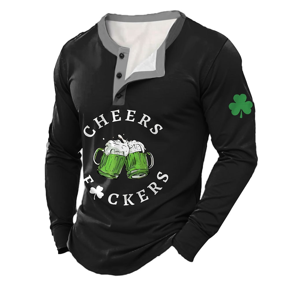 Herren St. Patrick Graphic Bier Cheers Henley Shirt Langarm Modisch Kuschelig Täglich Casual Festtage Ausgehen Frühling Herbst Schwarz Grün Henley Henley T-Shirt Lightinthebox