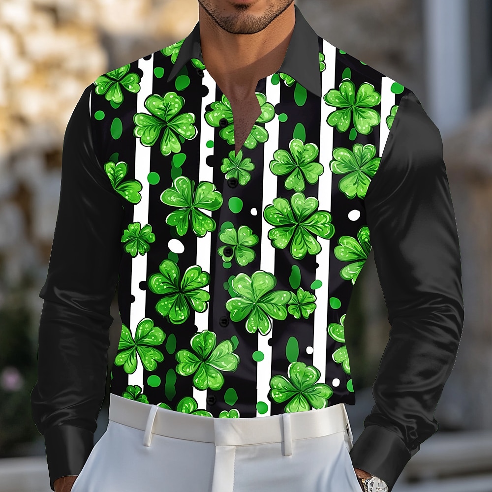 St. Patricks Day Herren Vierblättriges Kleeblatt Gestreift Satinhemd Oberhemd Knopfhemd Langarm Modisch lässig Geschenk Festtage Festival Sommer Frühling Umlegekragen Hemden mit Kragen 3D-Druck Lightinthebox