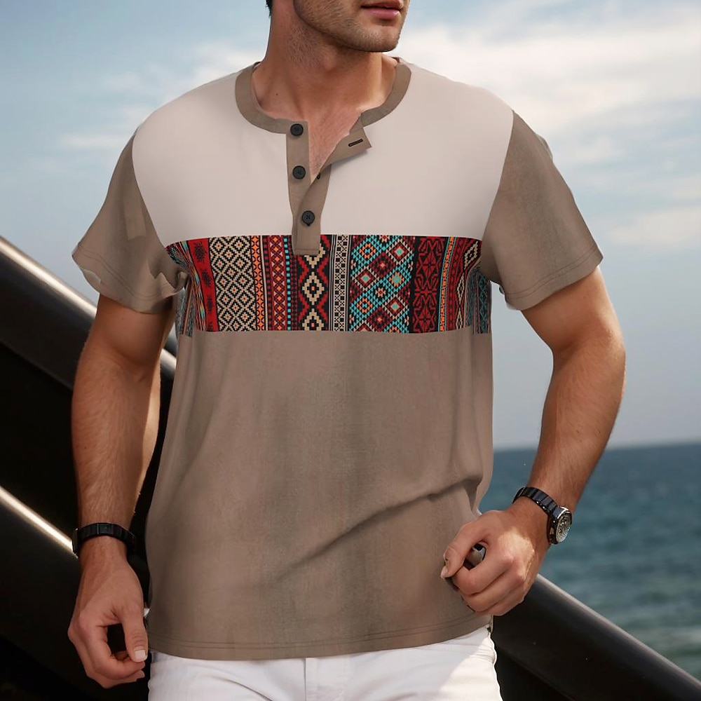 Herren Ethnisch T Shirt Henley Shirt Kurzarm Designer Retro Vintage Strasse Casual Täglich Sommer Frühling Braun Henley Henley T-Shirt Lightinthebox