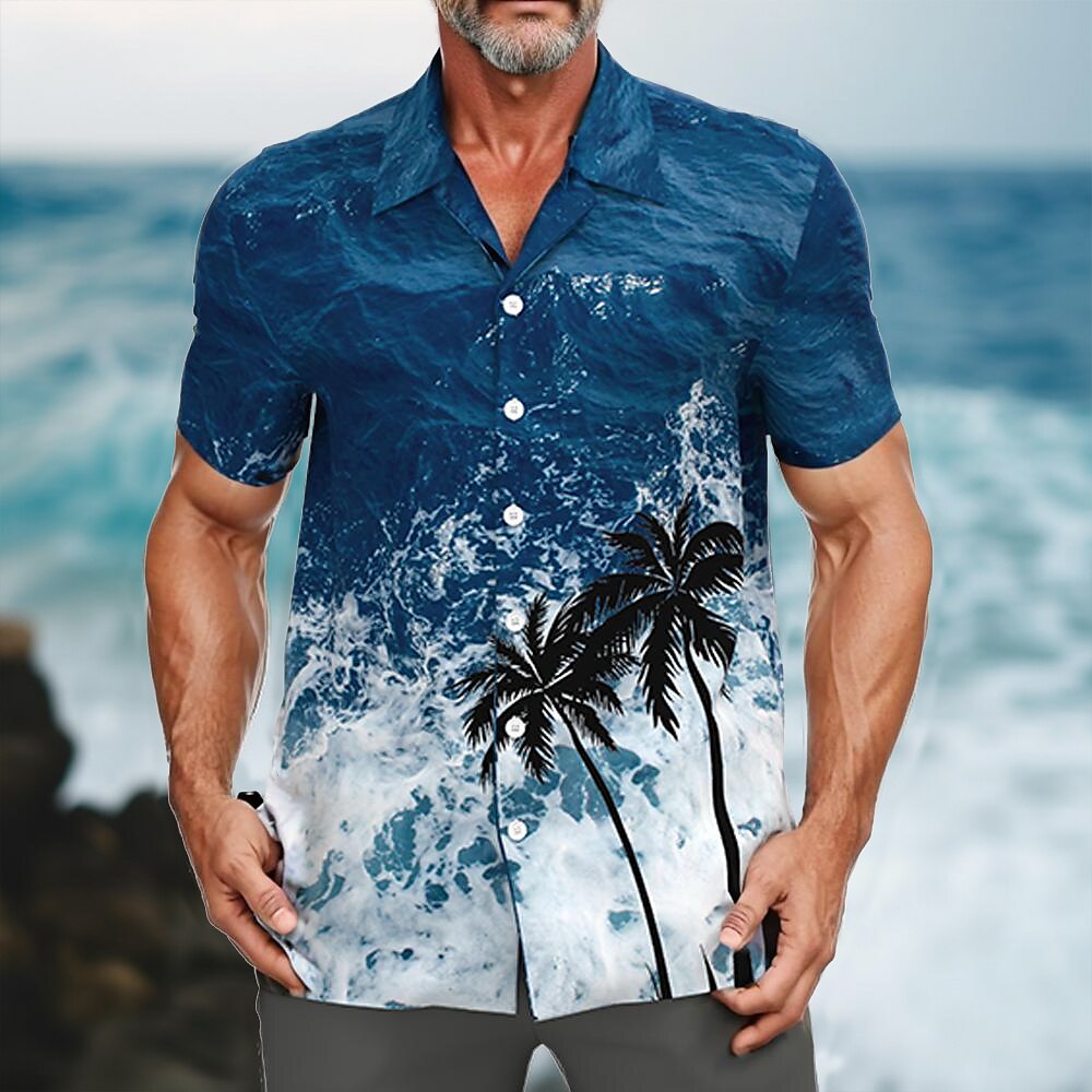 Herren Kokosnussbaum Ozean Natur Landschaft Hawaiihemd Sommerhemd Camp-Shirt Aloha-Shirt Kurzarm Hawaiianisch Urlaub Festtage Strandbekleidung Sommer Frühling Kubanisches Halsband Knopf hoch Lightinthebox