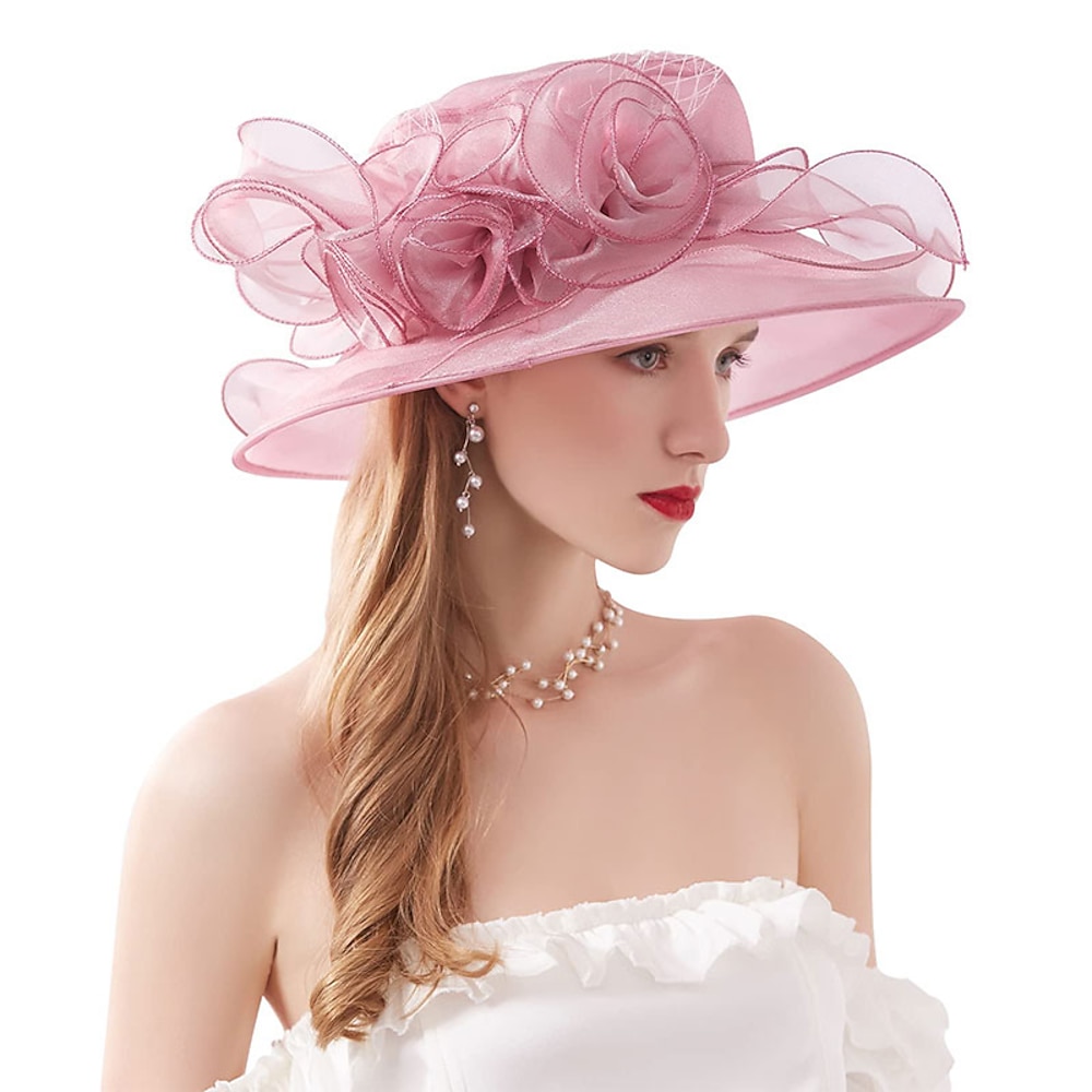 Organza-Kirchen-Fascinator-Hochzeits-Teeparty-Derby-Hüte für Frauen mit Blumen und breiter Krempe Lightinthebox