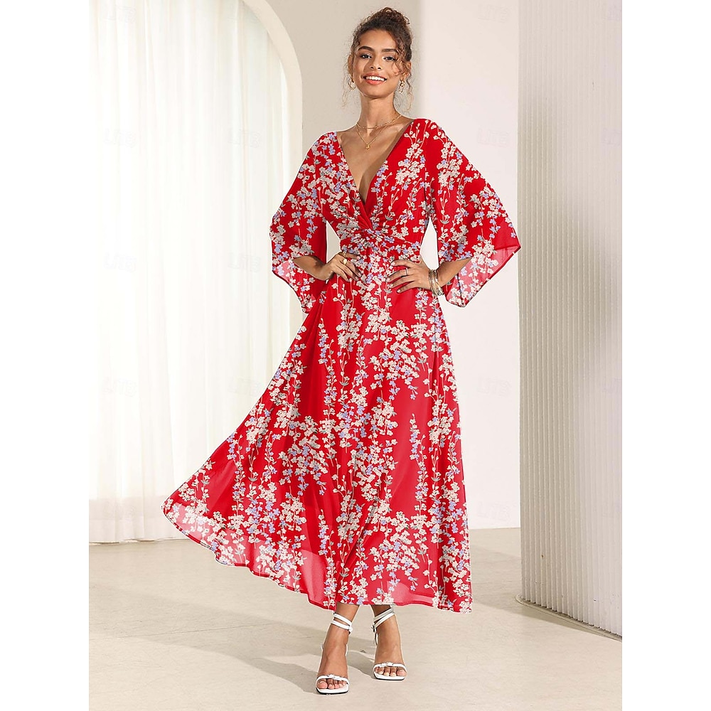 Damen A Linie Kleid Ausgestellter Ärmel Elegant kleid hochzeitsgast Cocktailparty Regular Fit Blumen 3/4 Ärmel V Ausschnitt Rote Sommer Lightinthebox