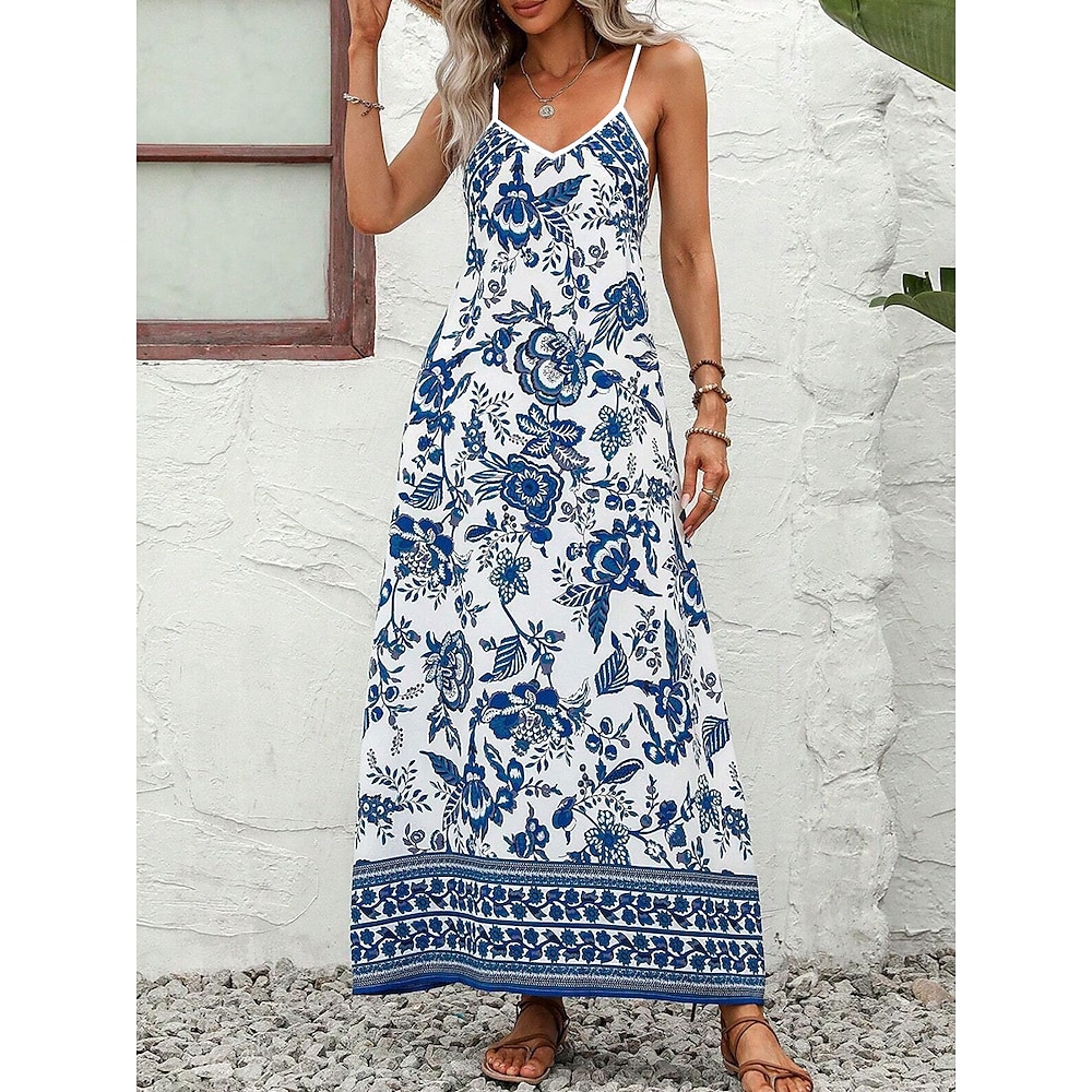 Damen Maxidress Casual kleid A Linie Kleid Sommerkleid skims dress Urlaub Vintage Ethnisch Täglich Regular Fit Blumen Graphic Böhmische Ärmellos V Ausschnitt Blau Sommer Frühling Lightinthebox