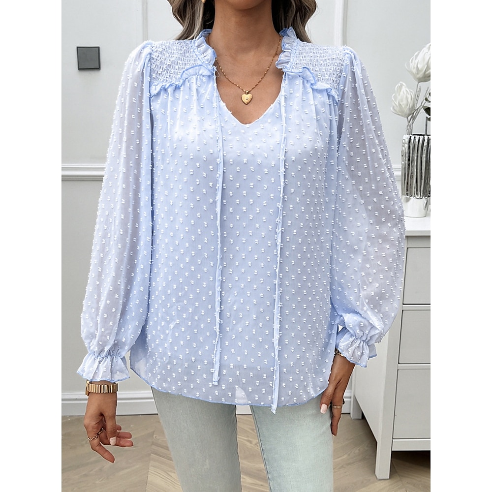 Damen Hemd Bluse Feste Farbe Stilvoll Brautkleider schlicht Langarm V Ausschnitt Normale Oberteile Täglich Spitze Rüsche Patchwork Weiß Rosa Blau Khaki Sommer Frühling Lightinthebox