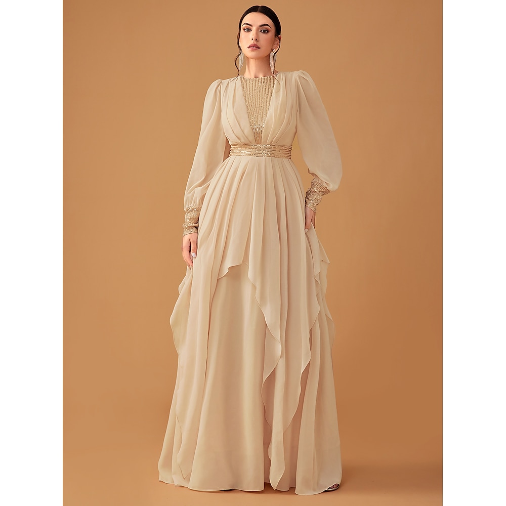 A-Linie Abendkleider Elegant Kleid Formal Hochzeit Boden-Länge Langarm Schmuck Chiffon mit Paillette Rüschen 2025 Lightinthebox