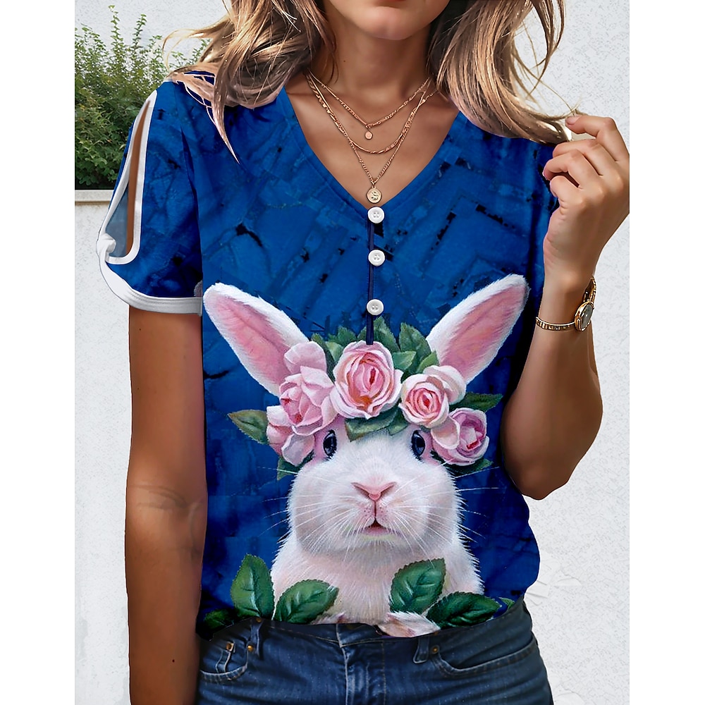 Ostern Damen T Shirt Blumen Tier Stilvoll Brautkleider schlicht Kurzarm V Ausschnitt Normale Oberteile Täglich Knopf Bedruckt Marineblau Sommer Frühling Lightinthebox