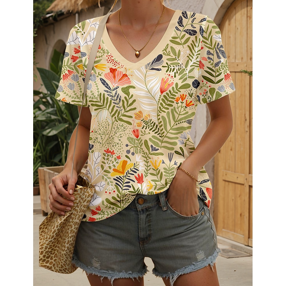 Damen T Shirt Blumen Stilvoll Brautkleider schlicht Kurzarm V Ausschnitt Normale Oberteile Täglich Ausgehen Wochenende Bedruckt Beige Sommer Frühling Lightinthebox