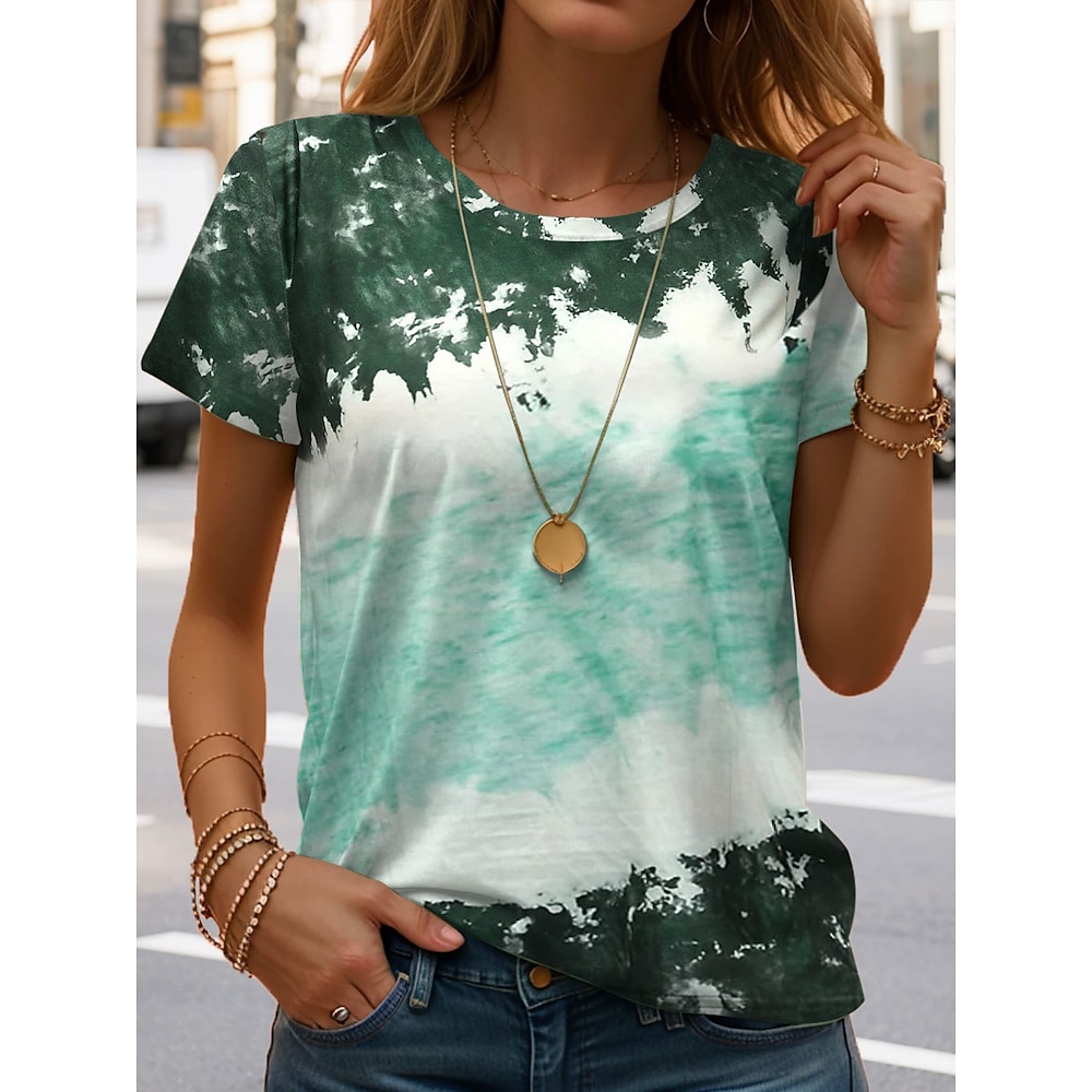 Damen T Shirt Batik Brautkleider schlicht Kurzarm Rundhalsausschnitt Normale Oberteile Täglich Bedruckt Grün Sommer Lightinthebox