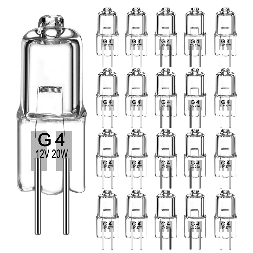 G4-Halogenbirne mit zwei Stiftsockel, 12 V, 10 W, 20 W, G4-Halogenglühbirne für Unterbauleuchten, Puckleuchten, Kronleuchter, Akzentlichter, Schienenbeleuchtung, 20 Stück Lightinthebox