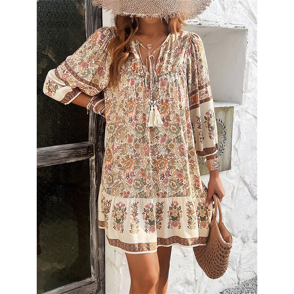 Damen Casual kleid A Linie Kleid Böhmen Vintage Stilvoll Urlaub Täglich Lockere Passform Blumen 3/4 Ärmel V Ausschnitt Rosa Blau Aprikose Sommer Frühling Herbst Lightinthebox