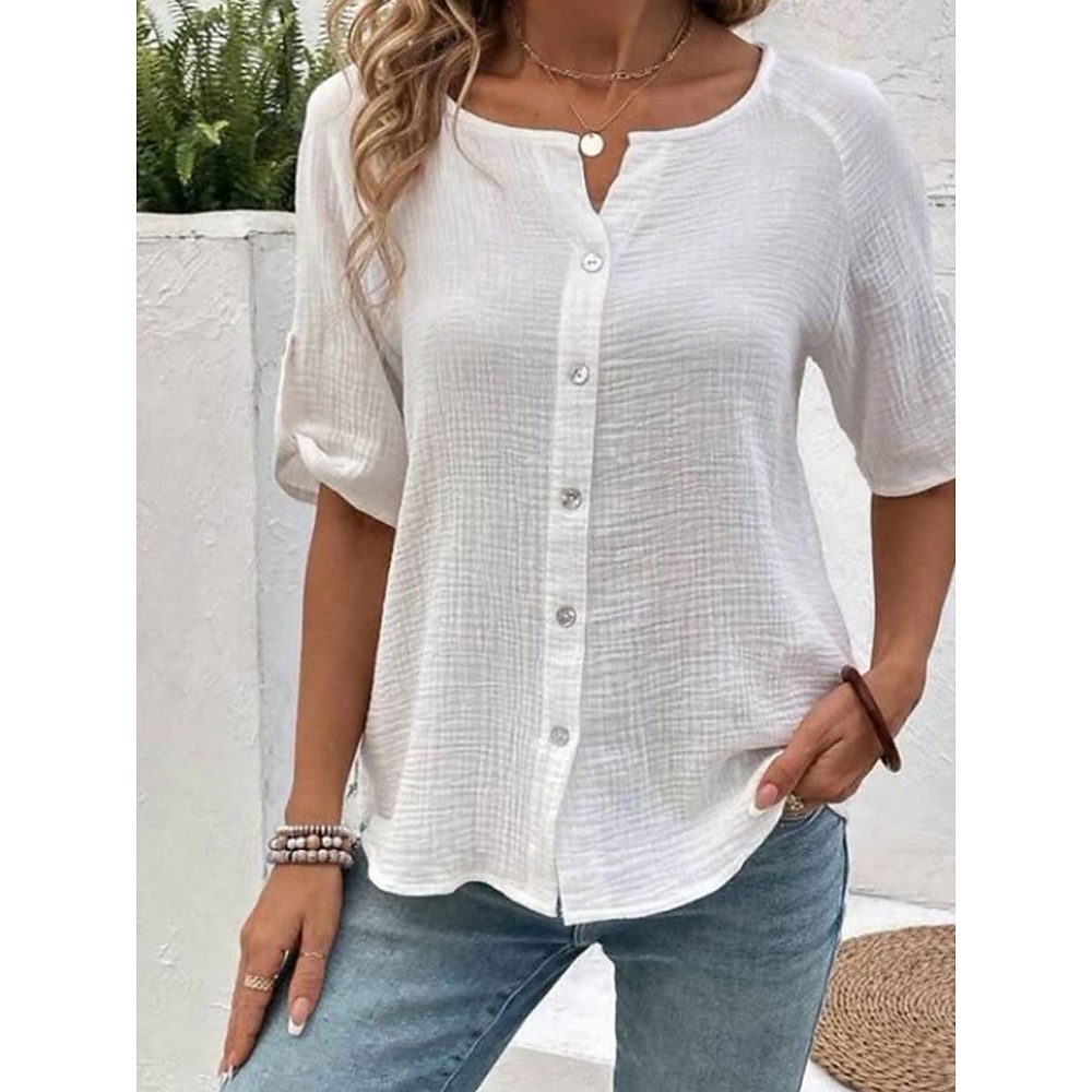 Damen Hemd Bluse Feste Farbe Elegant Stilvoll Brautkleider schlicht Kurzarm Rundhalsausschnitt Normale Oberteile Arbeit Täglich Festtage Patchwork Knopf Weiß Sommer Frühling Lightinthebox