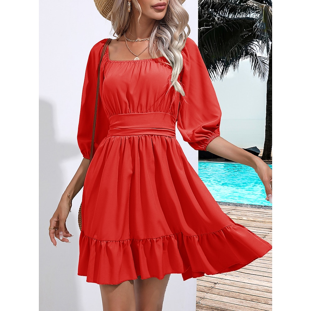 Damen Minikleid A Linie Kleid Milchmädchen-Kleid Schulterfreies Kleid Kleid mit Puffärmeln Urlaub Urlaub Täglich Regular Fit Glatt Halbe Ärmel Quadratischer Ausschnitt Schwarz Weiß Hellgrün Rosa Lightinthebox