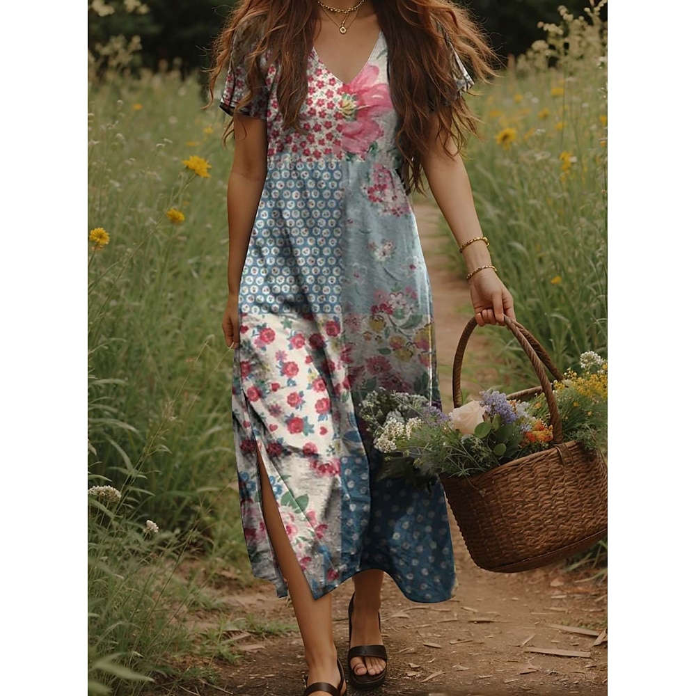 Damen Maxidress Paisley-Kleid Casual kleid Langärmliges Boho-Kleid A Linie Kleid Böhmen Urlaub Vintage Urlaub Täglich Regular Fit Blumen Kurzarm V Ausschnitt Himmelblau Sommer Frühling Lightinthebox