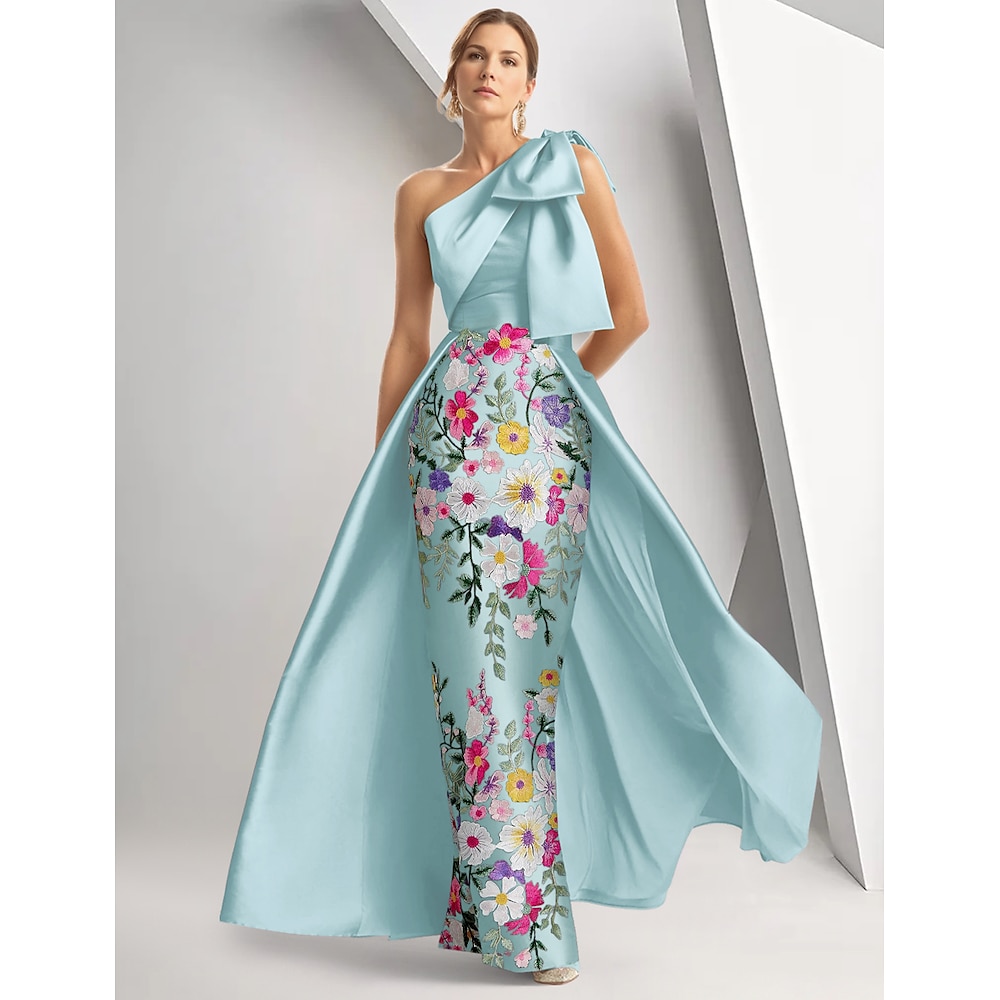 blaues, floral besticktes A-Linien-Abendkleid, elegantes Kleid, formelle Hochzeit, bodenlang, ärmellos, eine Schulter, Satin mit Schleife(n), Schlitz 2025 Lightinthebox