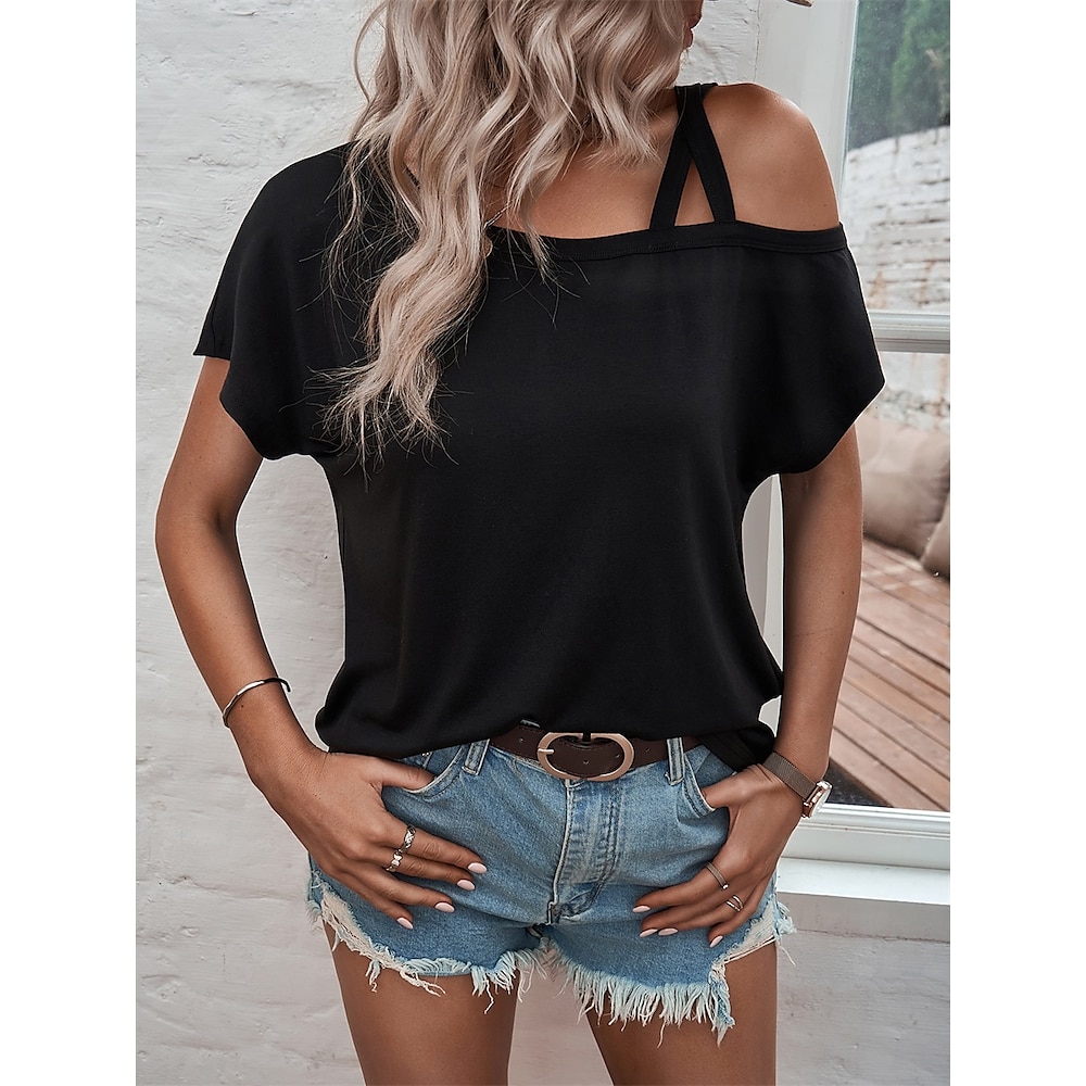 Damen T Shirt Glatt Modisch Modern Brautkleider schlicht Kurzarm Asymmetrischer Hals Normale Oberteile Täglich Wochenende Patchwork Schwarz Grau Sommer Frühling Lightinthebox