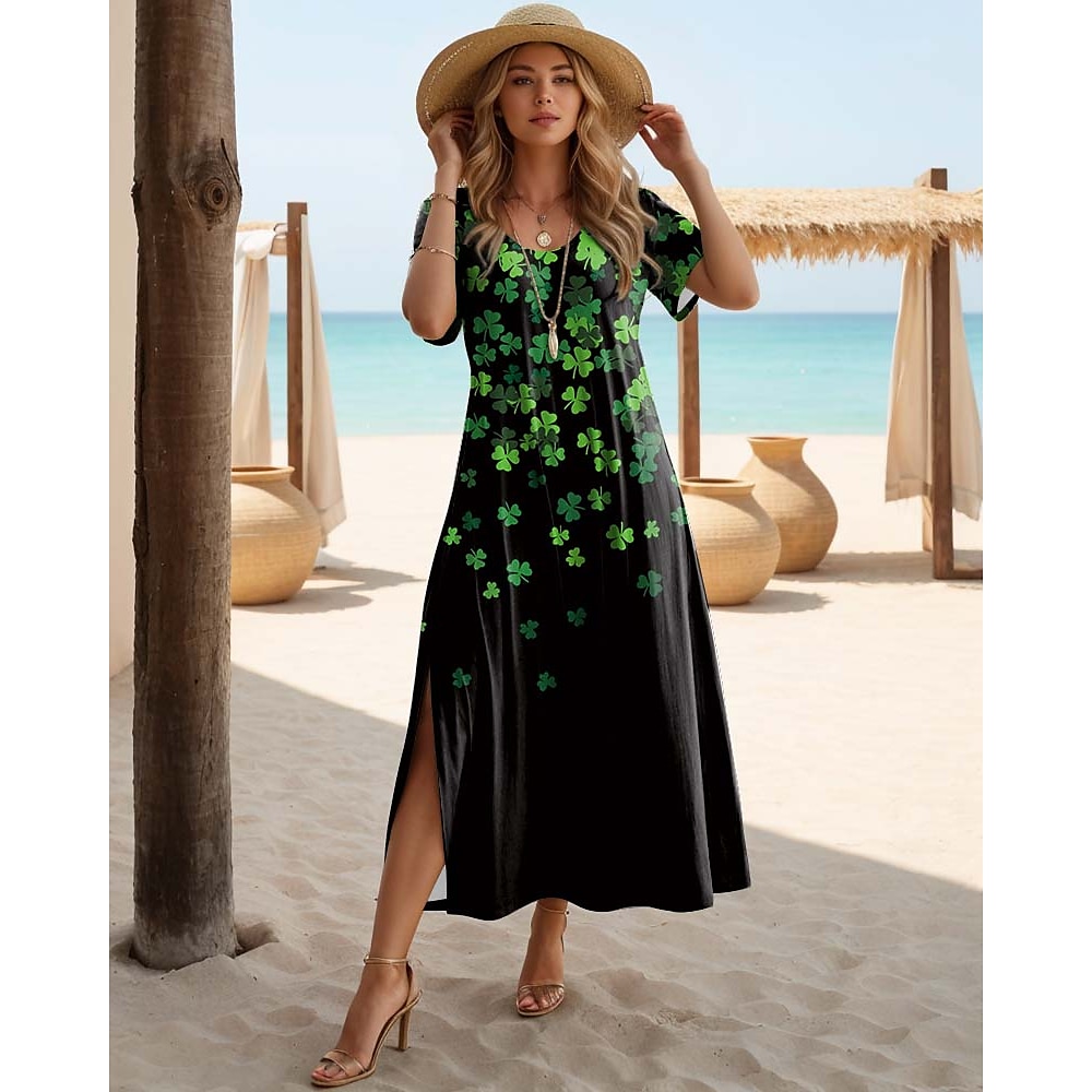 St. Patrick Damen kleid lang Maxidress Sweatkleid Sommerkleid Etuikleid Böhmen Urlaub Party Festtage Regular Fit Kleeblatt Kurzarm Rundhalsausschnitt Rosa Grün Sommer Frühling Lightinthebox