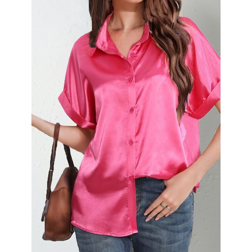 Damen Hemd Bluse Feste Farbe Geschäftlich Modern Kurzarm Hemdkragen Normale Oberteile Arbeit Knopf Schwarz Weiß Blau Fuchsie Gold Sommer Frühling Lightinthebox