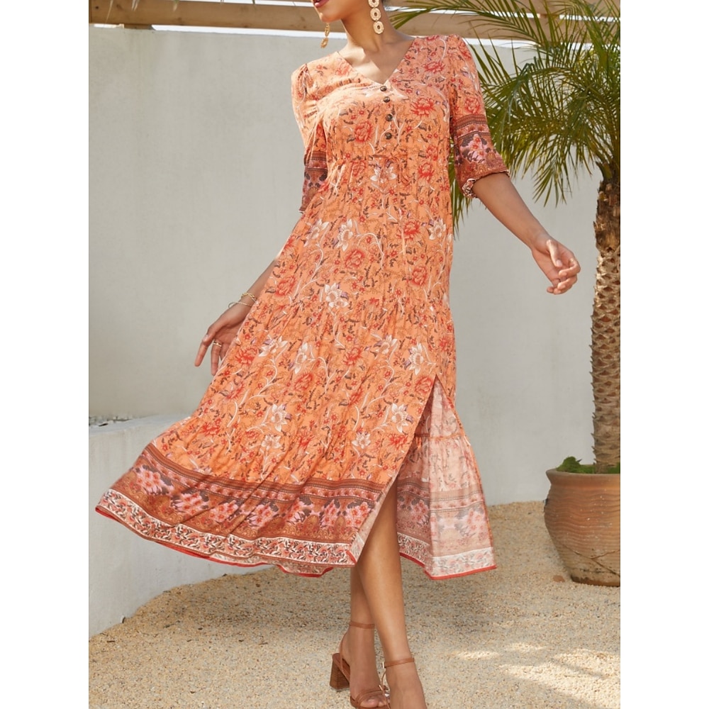 Damen Casual kleid A Linie Kleid Boho-Kleid Böhmen Urlaub Brautkleider schlicht Urlaub Täglich Regular Fit Blumen Halbe Ärmel V Ausschnitt Orange Sommer Lightinthebox