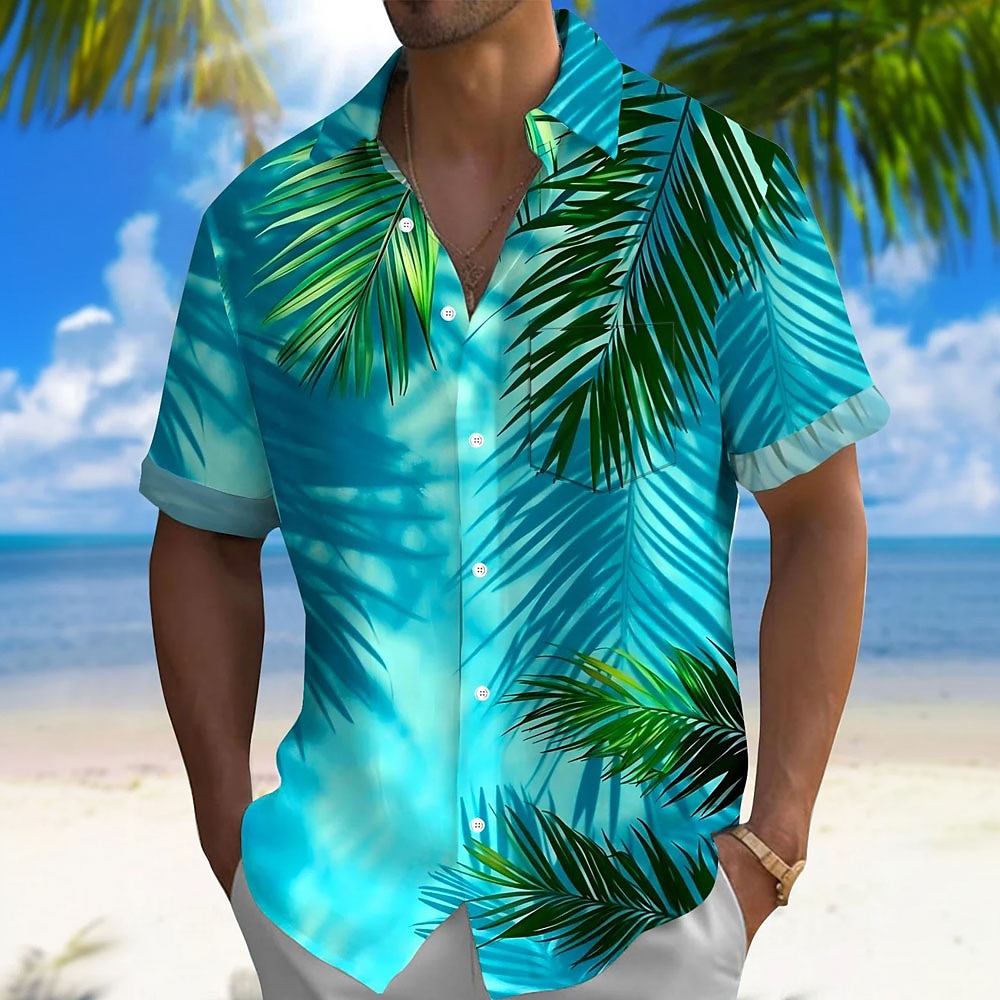 Herren Blatt Tropische Pflanzen Hawaiihemd Sommerhemd Knopfhemd Aloha-Shirt Kurzarm Hawaiianisch Resort Urlaub Festtage Strandbekleidung Sommer Frühling Umlegekragen Hemden mit Kragen Eine Tasche Lightinthebox