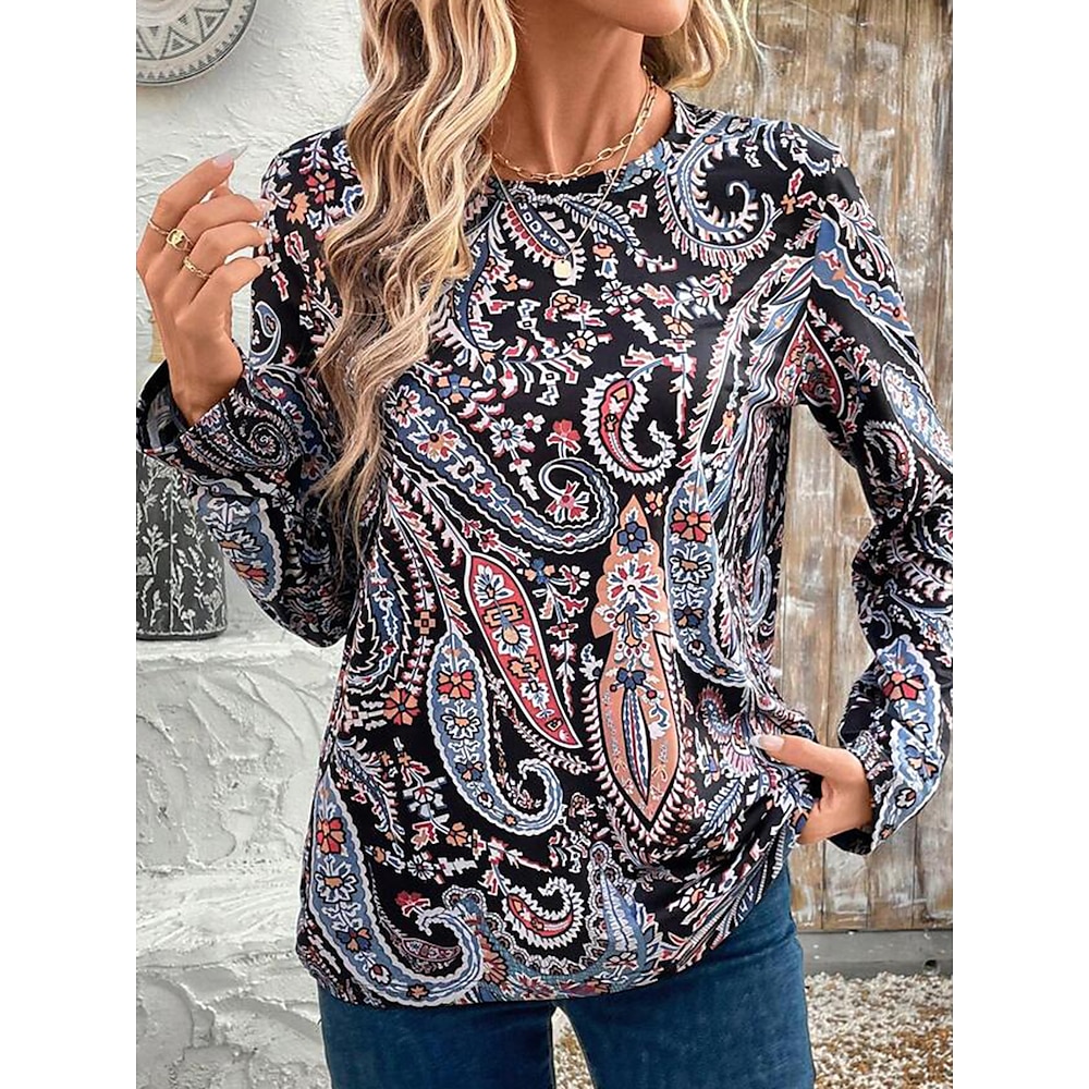 Damen T Shirt Paisley-Muster Ethnisch Brautkleider schlicht Langarm Rundhalsausschnitt Normale Oberteile Täglich Bedruckt Schwarz Frühling Herbst Lightinthebox