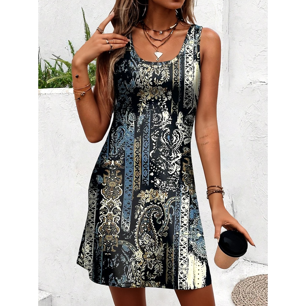 Damen Minikleid A Linie Kleid Tank-Top Kleid Sommerkleid Vintage Stilvoll Brautkleider schlicht Täglich Regular Fit Graphic Geometrisch Paisley-Muster Ärmellos U-Ausschnitt Dunkelblau Sommer Frühling Lightinthebox