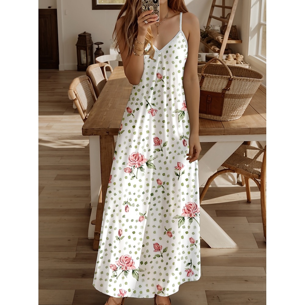 Damen Maxidress Casual kleid Maxidress Sommerkleid A Linie Kleid Brautkleider schlicht Fließend Urlaub Casual Täglich Regular Fit Blumen Ärmellos V Ausschnitt Weiß Sommer Frühling Lightinthebox