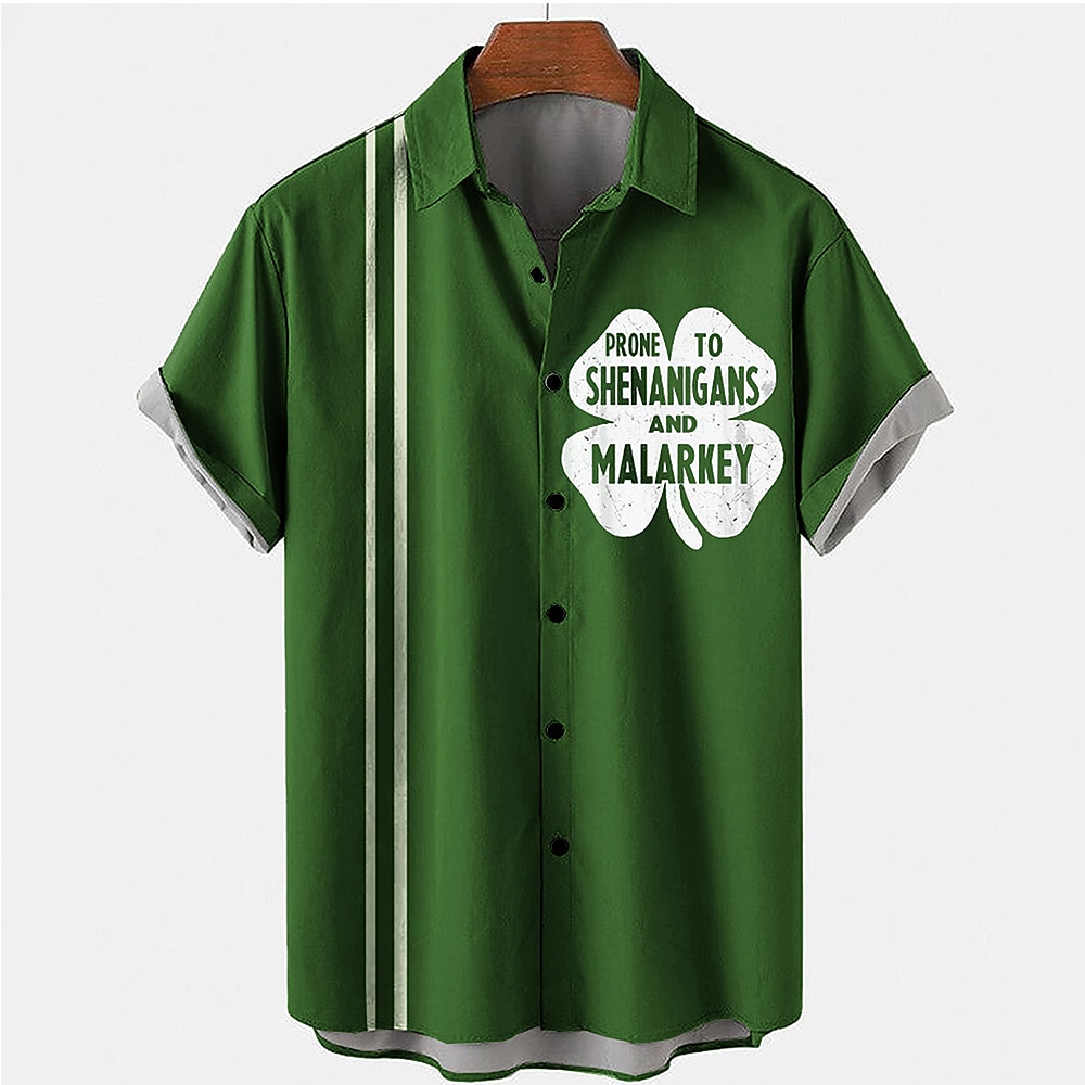 St. Patricks Day Herren Vierblättriges Kleeblatt Gestreift Hemd Bowling-Shirt Knopfhemd Kurzarm Vintage Urlaub Geschenk Festtage Sommer Frühling Umlegekragen Hemden mit Kragen Hellgrün Blau Grün Lightinthebox