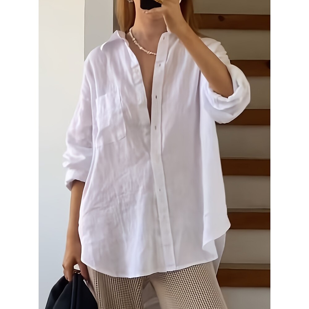 Damen Hemd Bluse Feste Farbe Stilvoll Brautkleider schlicht Langarm Hemdkragen Normale Oberteile Täglich Knopf Tasche Weiß Sommer Frühling Lightinthebox