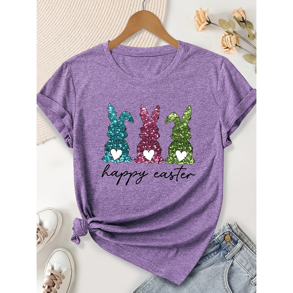 Ostern Damen T Shirt Tier Buchstabe Brautkleider schlicht Kurzarm Rundhalsausschnitt Normale Oberteile Täglich Bedruckt Salbeigrün Purpur Beige Sommer Frühling Lightinthebox