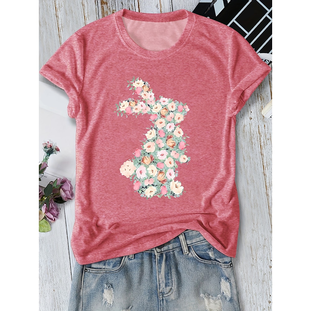 Ostern Damen T Shirt Blumen Tier Stilvoll Brautkleider schlicht Kurzarm V Ausschnitt Normale Oberteile Täglich Bedruckt Rosa Marineblau Blau Dunkelgrün Sommer Frühling Lightinthebox