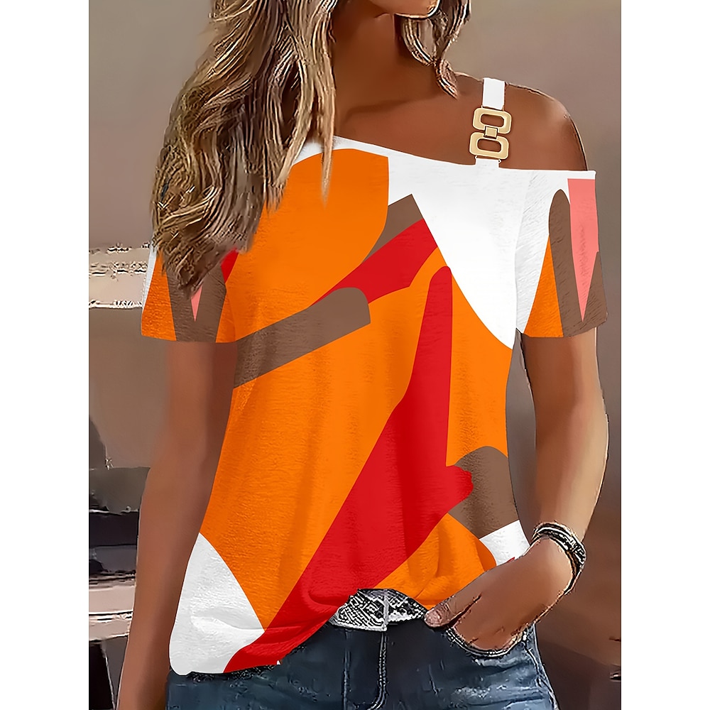 Damen T Shirt Geometrisch Brautkleider schlicht Kurzarm Ein-Schulter Normale Oberteile Täglich Orange Sommer Frühling Lightinthebox