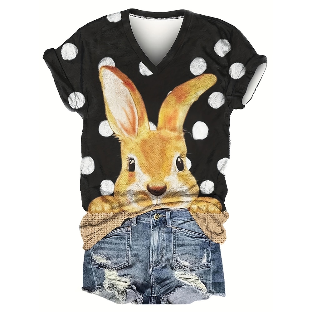 Ostern Damen T Shirt Karikatur Punkt Stilvoll Brautkleider schlicht Kurzarm V Ausschnitt Normale Oberteile Täglich Bedruckt Schwarz Sommer Lightinthebox