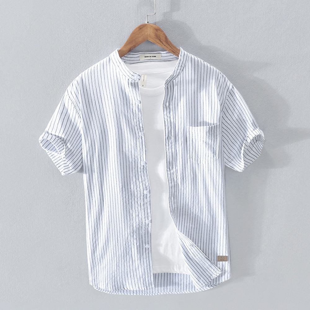 Herren Hemd leinenhemd Lässiges Hemd Knopfhemd Baumwoll-Shirt Streifen Urlaub Strasse Weiß Wein Königliches Blau Kurzarm Ständer Sommer Bekleidung Button-Down Lightinthebox