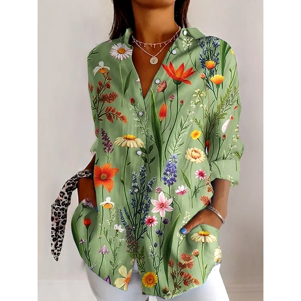 Damen Hemd Bluse Blumen Graphic Täglich Stilvoll Retro Vintage 3/4 Ärmel Hemdkragen Normale Oberteile Täglich Festtage Ausgehen Knopf Gras-Grün Sommer Frühling Lightinthebox