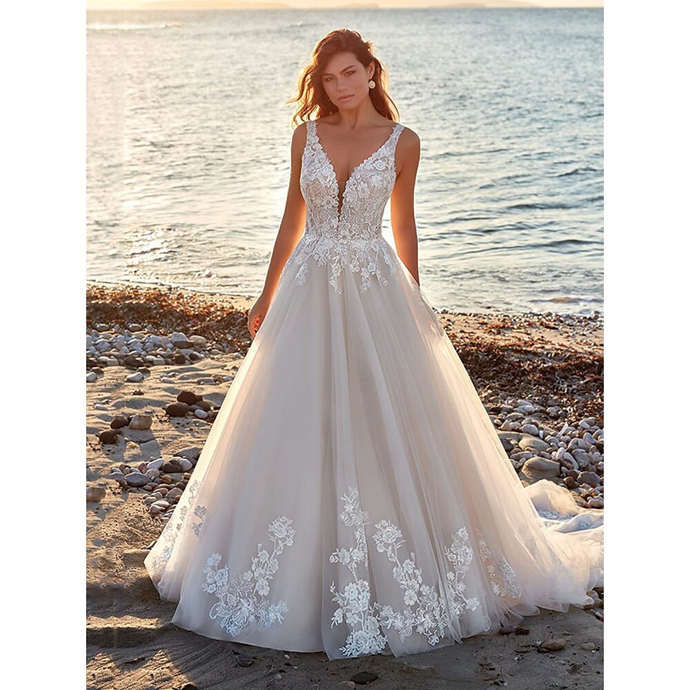 Hochzeitskleider Ballkleid V Ausschnitt Schulterfrei Spaghettiträger Kirchen Schleppe Chiffon Brautkleider Mit Plissee Gerafft 2025 Lightinthebox