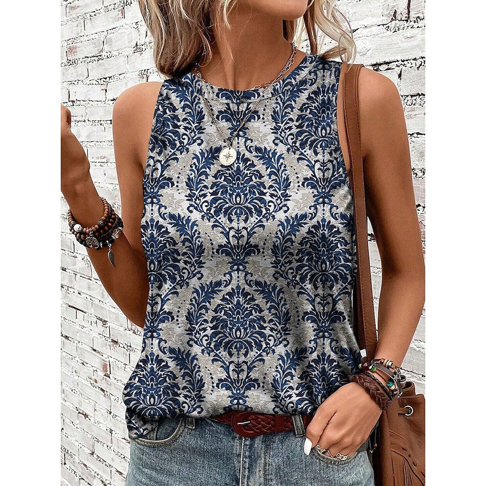 Damen Hemd Bluse Blumen Ethnisch Brautkleider schlicht Ärmellos Rundhalsausschnitt Normale Oberteile Täglich Bedruckt Blau Sommer Lightinthebox