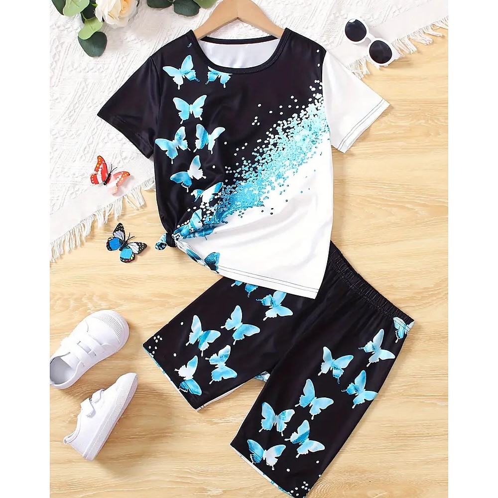 Mädchen 3D Graphic Schmetterling T-Shirt Shorts Set Kurzarm Sommer Frühling Sport Modisch Täglich kinderkleidung 4-12 Jahre Rundhalsausschnitt Outdoor Urlaub Sport Reguläre Passform Lightinthebox