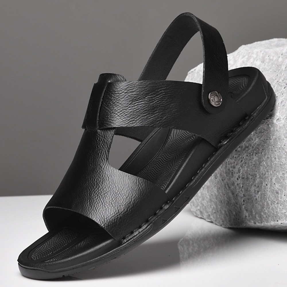 Schwarze Ledersandalen für Herren mit verstellbarem Riemen, stylisches Cross-Design für Freizeit, Outdoor und Sommer Lightinthebox