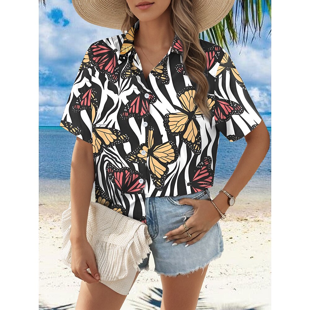 Damen Bluse Schmetterling Stilvoll Strand Design Kurzarm Hemdkragen Normale Oberteile Täglich Knopf Bedruckt Schwarz Frühling Herbst Lightinthebox