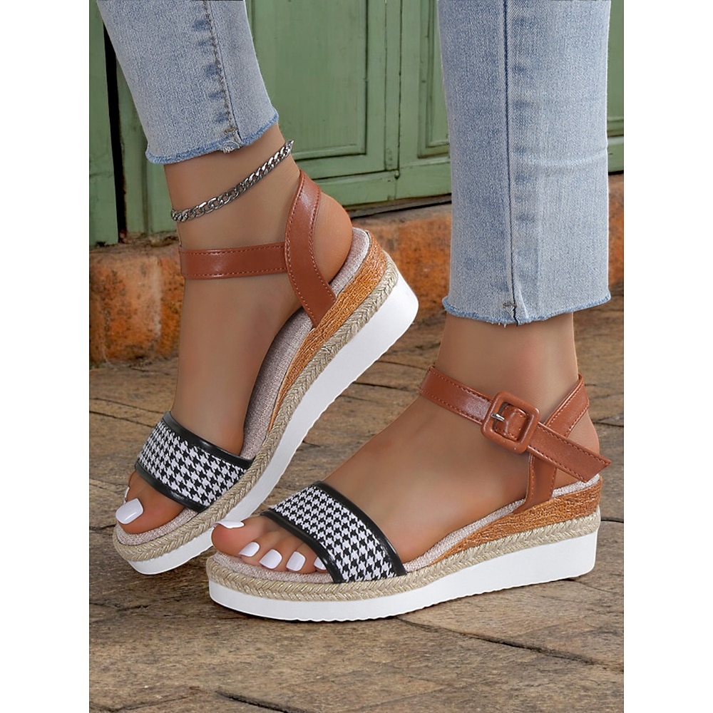 Damen Espadrille-Keilsandalen mit Hahnentrittmuster und Fesselriemchen - lässige Sommer-Plateau-Sandalen für den Urlaub und den Alltag Lightinthebox