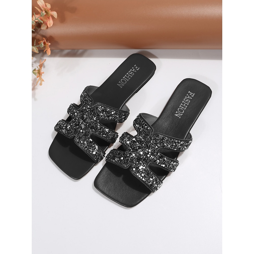 schwarze flache Sandalen mit Pailletten für Damen - stylisches Slip-On-Design mit glitzernden Kreuzriemen, perfekt für legere Ausflüge, Partys und den Alltag Lightinthebox