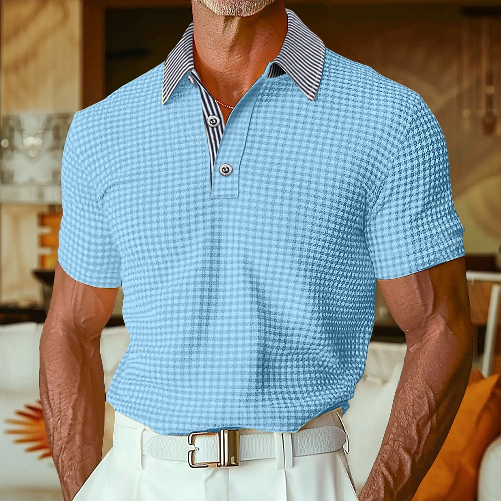 Herren Golfhemd Poloshirt aus Waffelstrick Geschäft Casual Klassisch Kurzarm Modisch Modern Feste Farbe Knopf Sommer Frühling Regular Fit Weiß Marineblau Khaki Hellblau Golfhemd Lightinthebox