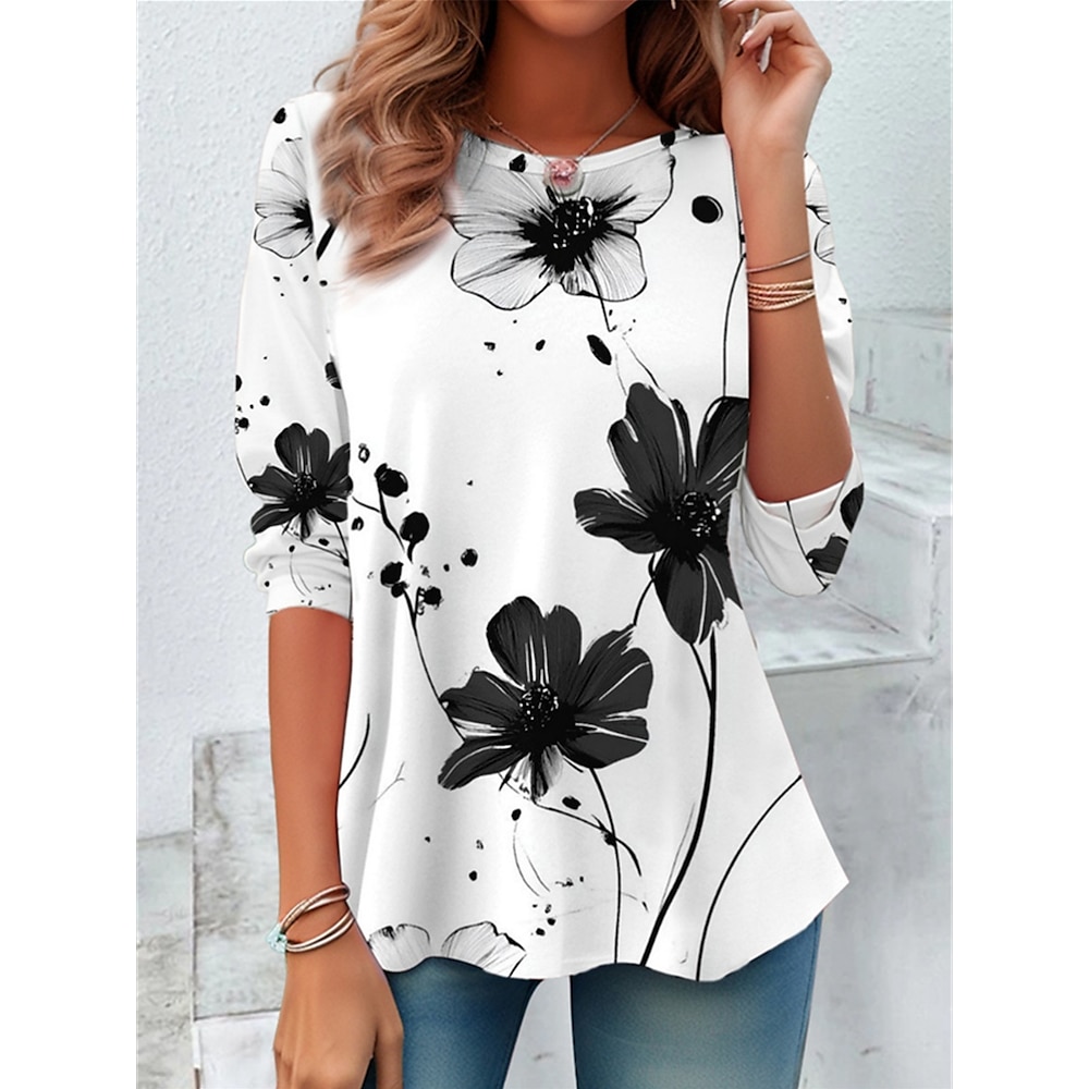 Damen T Shirt Blumen Brautkleider schlicht Langarm Rundhalsausschnitt Normale Oberteile Täglich Bedruckt Weiß Frühling Herbst Lightinthebox