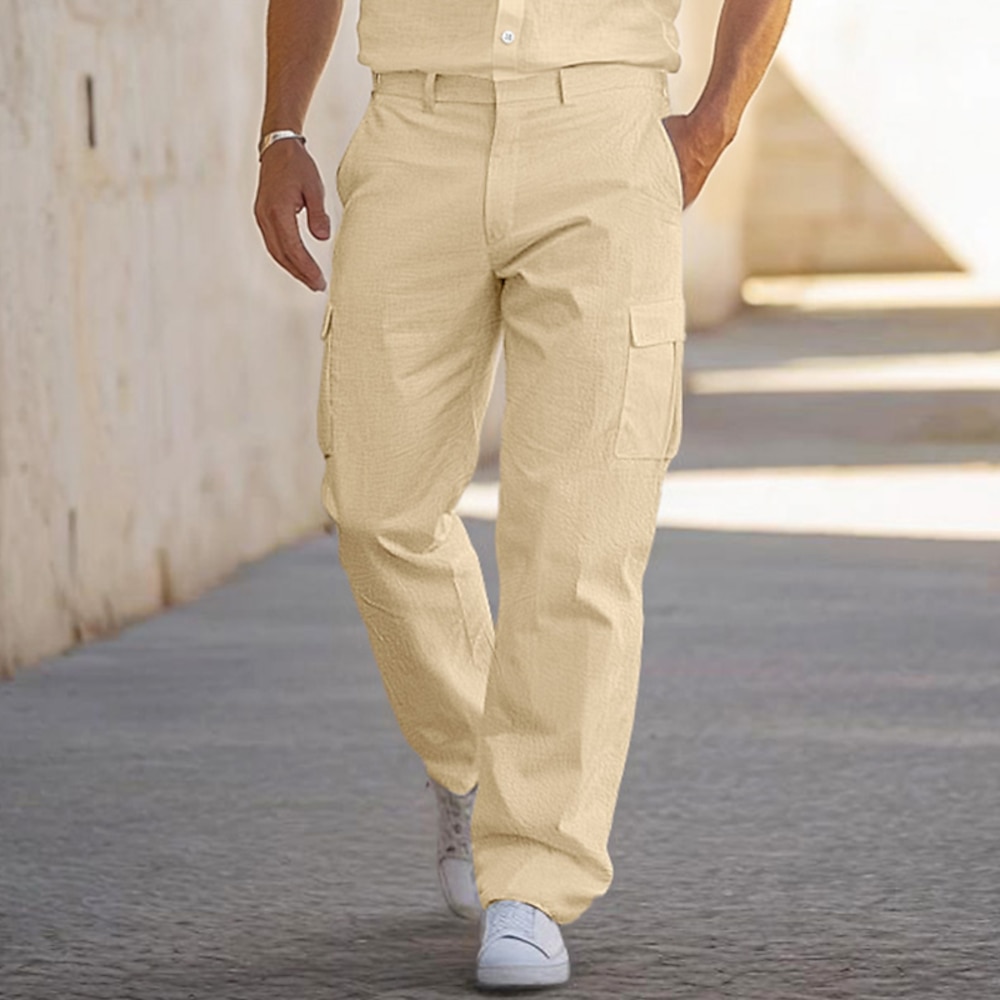 Herren Cargohose Cargohosen Leinenhose Hose Hosen Sommerhosen Multi Pocket Gerade geschnitten Glatt Komfort Atmungsaktiv In voller Länge Outdoor Casual Täglich Modisch Strassenmode Schwarz Weiß Lightinthebox