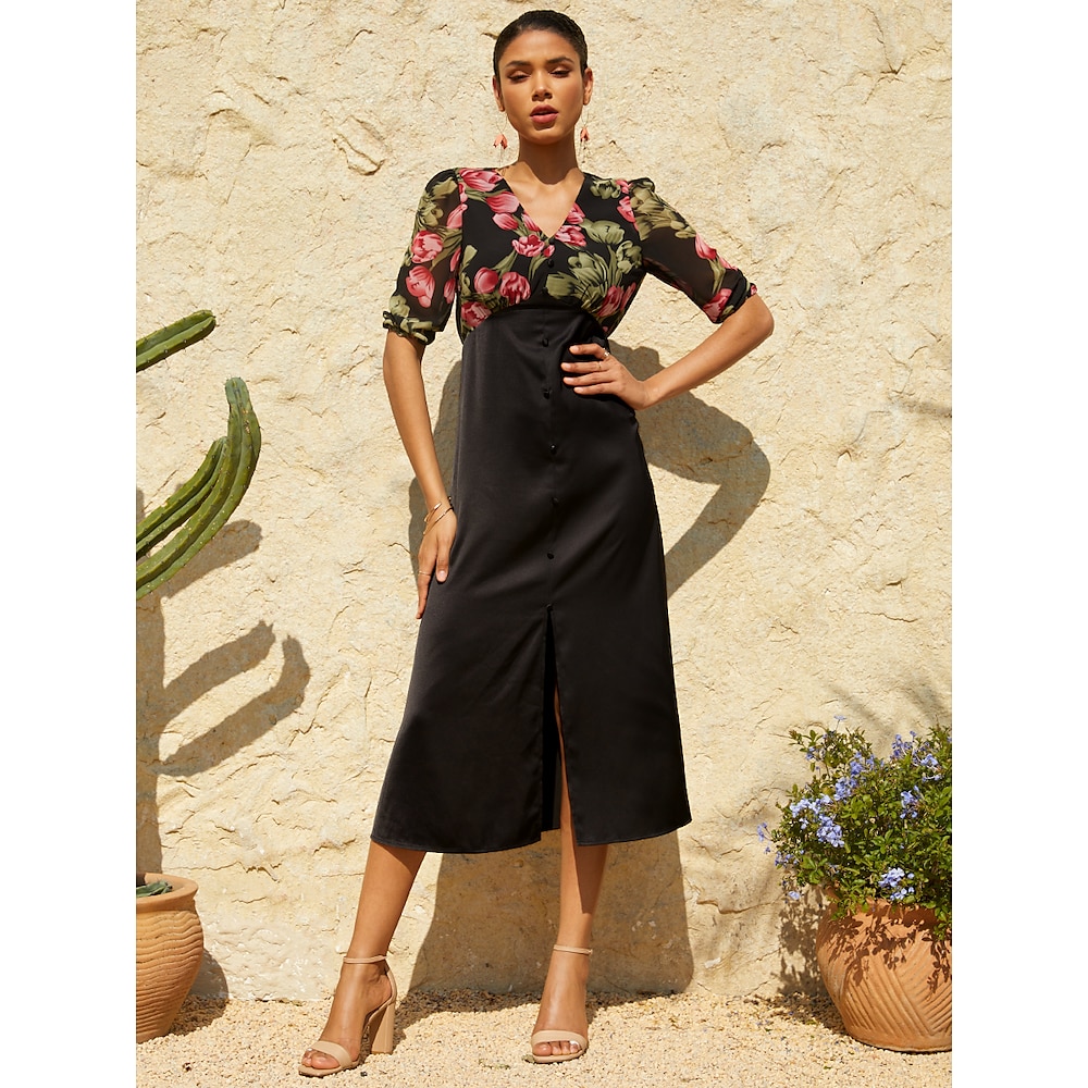 Damen Casual kleid A Linie Kleid Elegant Stilvoll Brautkleider schlicht Urlaub Täglich Regular Fit Blumen Halbe Ärmel V Ausschnitt Schwarz Sommer Lightinthebox