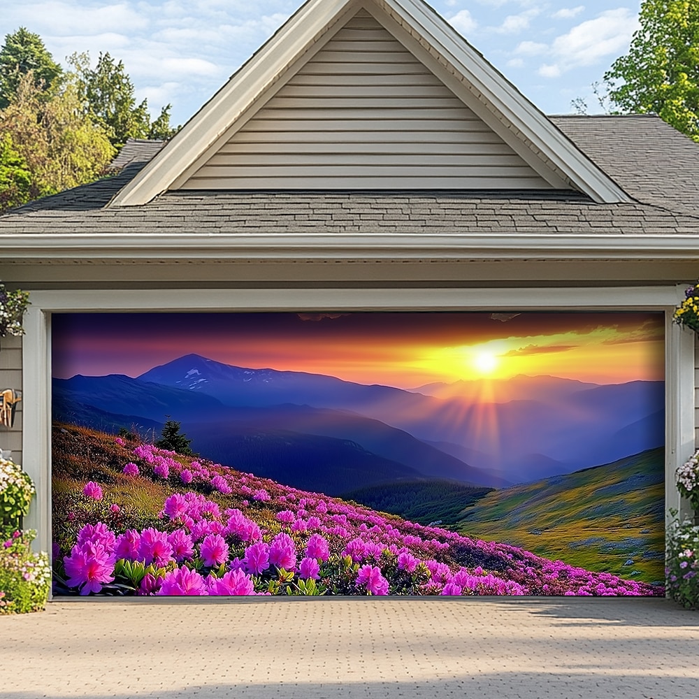 Landschaft Blumen Türdekorationen Garagentor Abdeckung Außenbanner Großer Hintergrund für Feiertags- Außen Garagentor Heim Wanddekorationen Sonnenuntergang Berg Lightinthebox