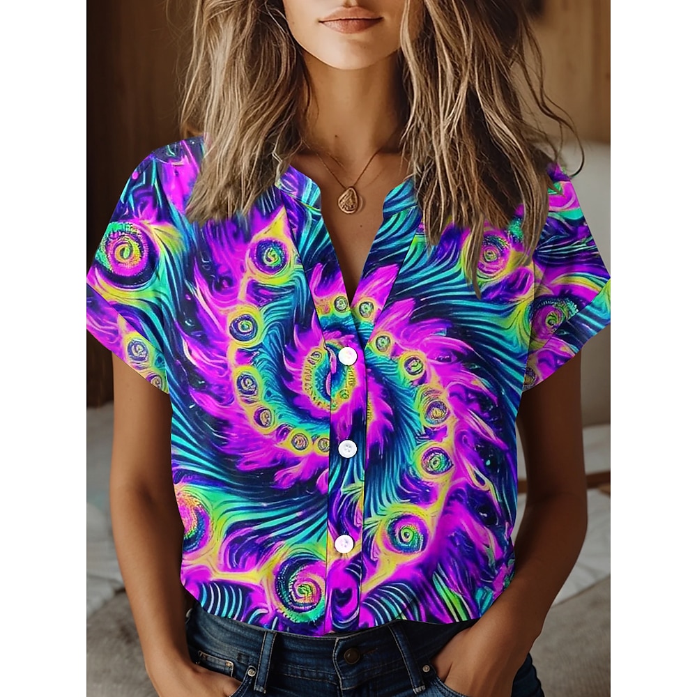 Damen Bluse Batik Stilvoll Strand Design Kurzarm Hemdkragen Normale Oberteile Täglich Knopf Bedruckt Purpur Frühling Herbst Lightinthebox