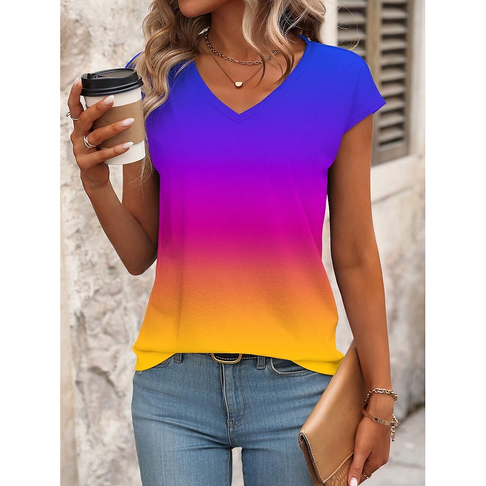 Damen Hemd Bluse Farbverlauf Stilvoll Brautkleider schlicht Kurzarm V Ausschnitt Normale Oberteile Täglich Bedruckt Purpur Sommer Lightinthebox