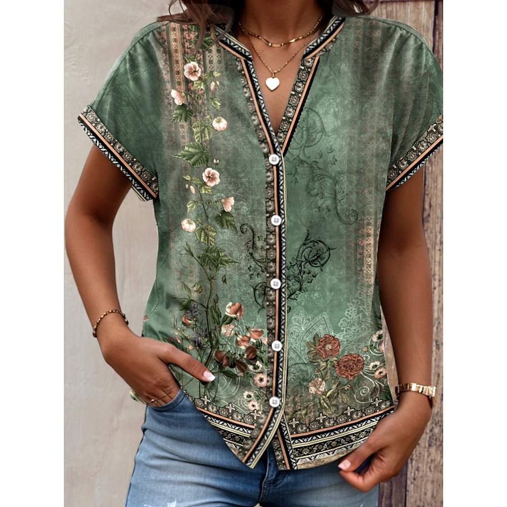 Damen Bluse Blumen Graphic Vintage Stilvoll Ethnisch Kurzarm Hemdkragen Normale Oberteile Täglich Knopf Bedruckt Salbeigrün Frühling Herbst Lightinthebox